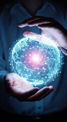 Executive holding a glowing world globe overlaid with digital networks, representing advanced global business development and strategic creative solutions, innovation, connection, worldwide