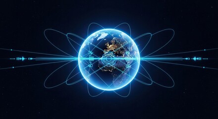 Global communication network lines wrap around a luminous blue planet showing illuminated cities and technology from dark space perspective, Connection, Internet, Futuristic