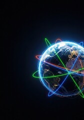 Glowing global network lines encircle a vibrant Earth viewed from deep space, illustrating worldwide digital communication and technology flow, planet, connectivity, network