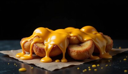 Fried banana nuggets with overflowing melted cheddar cheese sauce on dark background