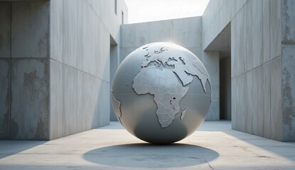 Metallic Earth Globe Sculpture in Minimalist Concrete Environment 