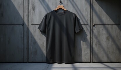 Blank Black T-shirt Mockup Hanging on Concrete Wall 