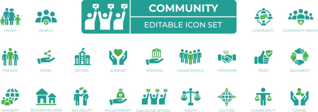 Community icon set for social groups, teamwork, people network, support, collaboration, volunteering, nonprofit and civic projects. Solid icon set