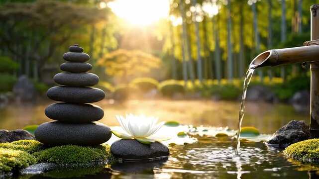 Serene Japanese Zen garden scene with balanced stack of stones, a white lotus flower, and bamboo fountain flowing into a pond during a peaceful golden hour sunset.