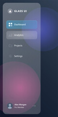 Modern Glassmorphism Sidebar Navigation Menu UI with Frosted Glass Effect and Abstract Gradient Background