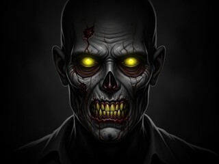 A zombie with yellow eyes and sharp teeth on a dark background