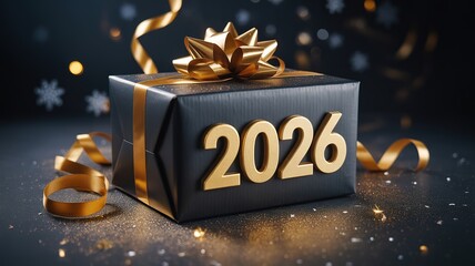 Elegant Black and Gold Gift Box with 2026 New Year Festive Design Sparkling on Dark Background
