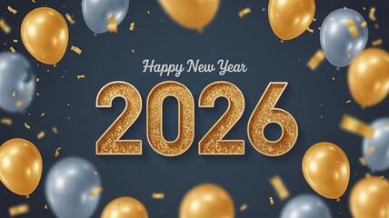 Glittering Gold 2026 New Year Celebration Background with Floating Balloons and Confetti on Dark Blue
