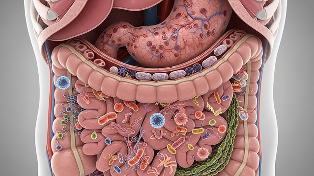 Detailed 3D Illustration of Human Digestive System Anatomy with Visible Organs and Intestines.