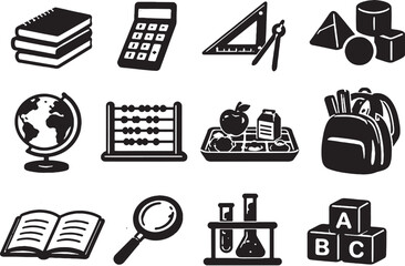 Classroom Storage & Supply Teacher Black Silhouette Icon Bundle eps