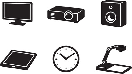 Classroom Electronics & Devices Teacher Black Silhouette Icon Bundle eps