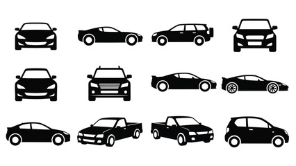 Collection of vehicle silhouettes cars suvs and hatchbacks in a black and white style © Design lens