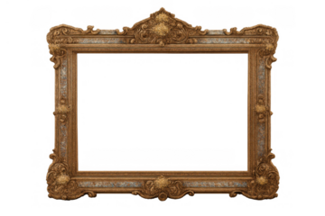 Ornate gold antique frame with intricate baroque carving and an empty space, transparent background