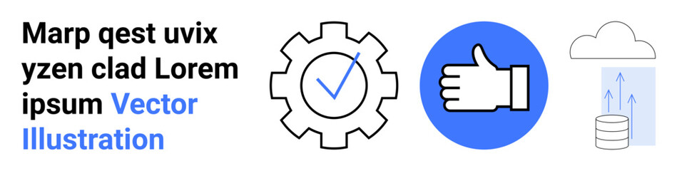 Obraz premium Cloud computing, digital approval, data storage, technology integration, process optimization, IT services. Gear with checkmark, thumbs-up cloud and database icon set. Cloud computing and digital