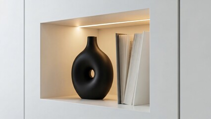 Modern decorative shelf with black vase and white books