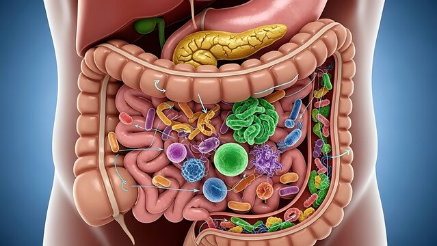 Human Digestive System with Colorful Microorganisms and Organs.