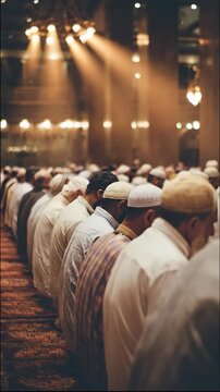 Muslim men performing Salah prayer in congregation inside atmospheric mosque with light beams during Ramadan (Vertical Video)