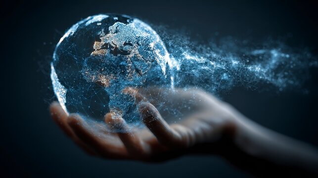A hand tenderly cradles a glowing, fragmented digital Earth, representing global connection and data flow. It has a futuristic feel - Powered by Adobe
