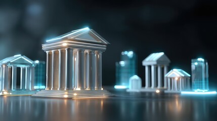 Obraz premium Modern Conceptual Representation of Financial Institutions with Glowing Architectural Features and Abstract Structures