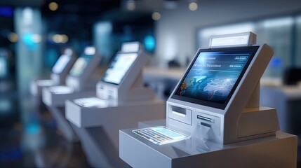 Modern Self-Service Kiosks in a Brightly Lit Technology-Focused Environment