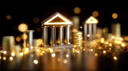 Conceptual Image of Financial Investment with Columns, Coins, and Shimmering Lights for Business and Economy Themes