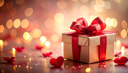 A valentine gift box with red ribbon and bow on a romantic background