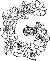 Floral alphabet letter A-Z hand drawn Illustration, Decorative botanical typography for coloring Pages and creative design.Set of flower alphabet.Line art and doodle for t-shirt.Elements with flower.
