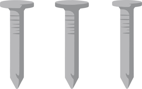 Vector illustration of three grey construction nails with flat round heads and sharp points.