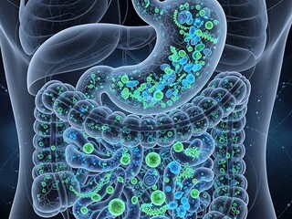 Human Digestive System with Microbes and Bacteria.