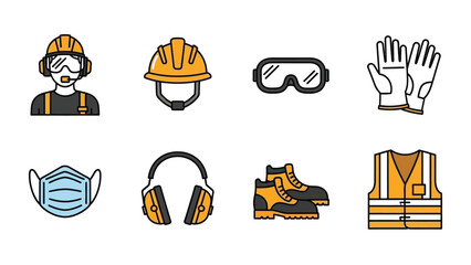 Collection of essential construction site safety gear icons illustrating necessary personal protective equipment for various industrial and manual labor environments