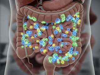 Human Intestines with Glowing Microbes Representing Gut Microbiome and Digestive Health.