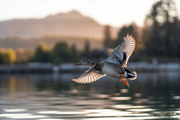 A female mallard duck flying low over a shimmering lake, illuminated by the warm golden light of a sunset with blurred mountains in the background.