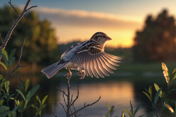 A small sparrow-like bird taking flight from a twig, illuminated by the warm glow of a sunset with a blurred lake and trees in the background.