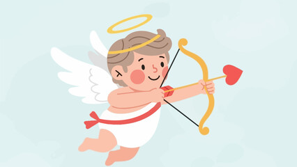 Cartoon illustration of a cherubic Cupid with bow and arrow.
