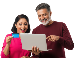 happy young indian couple holding credit card an laptop together