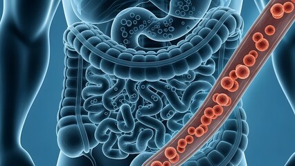 Human Digestive System and Blood Cells Microscopic View.