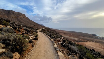 Panoramic view of a rugged coastal hiking trail traversing dry, rocky terrain beside the tranquil ocean under a dramatic cloudy firmament, offering a sense of adventure