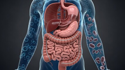 Detailed 3D Illustration of the Human Digestive System and Gut Microbiome.