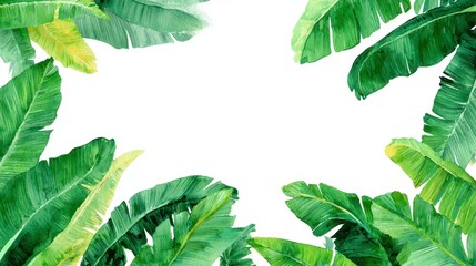 A watercolor painting displaying green banana leaves arranged around a white, central space, with varying hues and textures