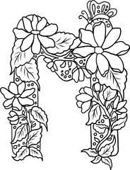 Floral alphabet letter A-Z hand drawn Illustration, Decorative botanical typography for coloring Pages and creative design.Set of flower alphabet.Line art and doodle for t-shirt.Elements with flower.