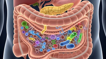 Human Gut Microbiome and Digestive System Illustration.