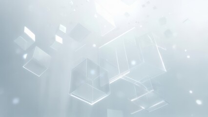 Abstract digital art piece showing translucent cubes and shapes floating in ethereal white space