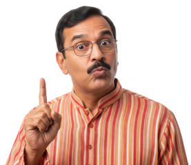 An Indian man in a striped traditional kurta raises his index finger as if giving important advice or emphasizing a point.