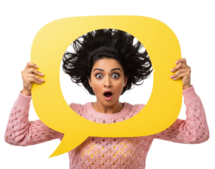 A playful young woman holds a large yellow speech bubble frame around her face, symbolizing communication, messaging, and expressive conversation.