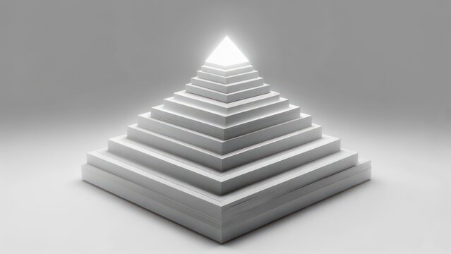 Abstract, symmetrical white pyramid with steps leading to a glowing, bright apex in a studio