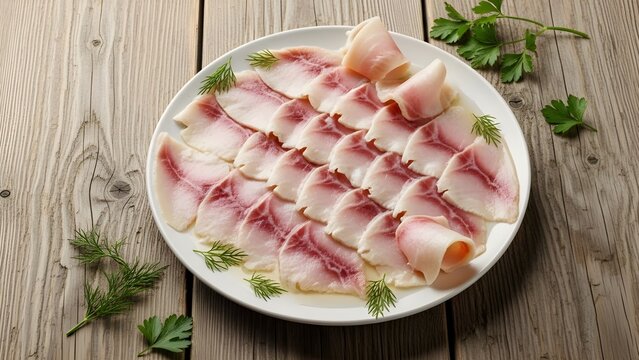 Traditional Korean fermented skate fish slices, Hongeo-hoe, served on a white plate with fresh dill and parsley garnish on a rustic wooden background.