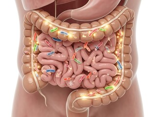 Detailed illustration of the human digestive system showing intestines and gut bacteria.