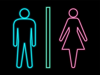 Set of man and woman neon icons for restroom. Vector led toilet signs of ladies and gents. Male and female glowing outlines for WC doors.
