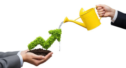 businessperson holding soil with a green rising bar graph and arrow