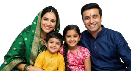 happy indian family standing together on isolated background